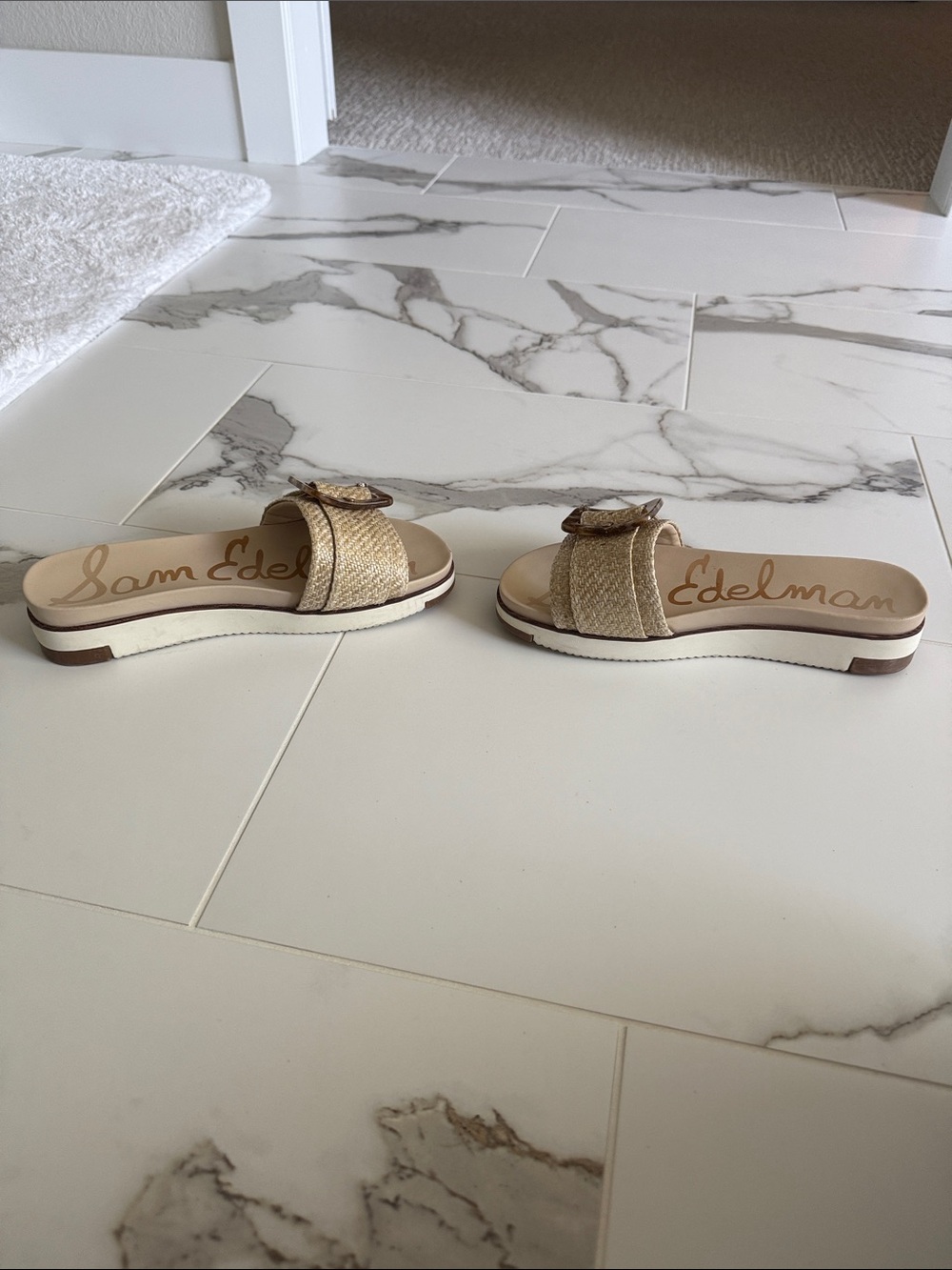 Sam Edelman Tan Raffia Slide Sandals with Tortoiseshell Buckles - Picture 2 of 4
